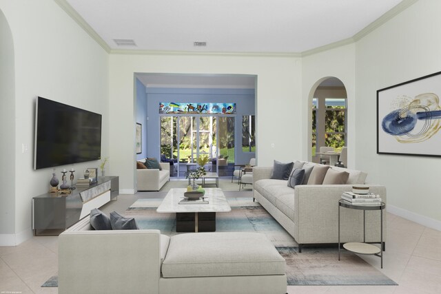 living room featuring ornamental molding and light tile patterned floors