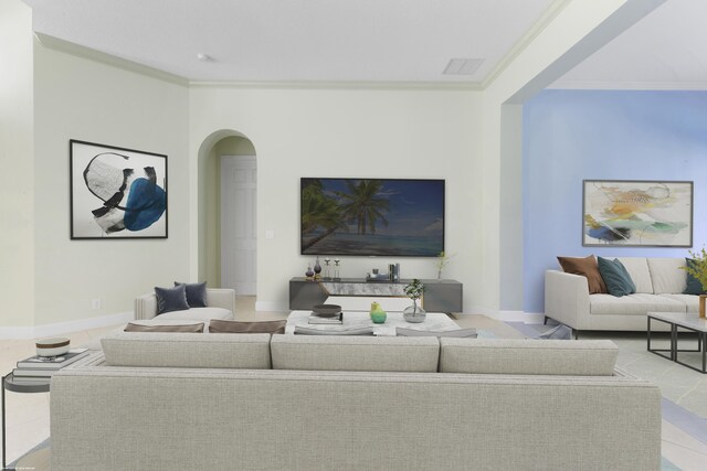 living room with crown molding and light tile patterned floors