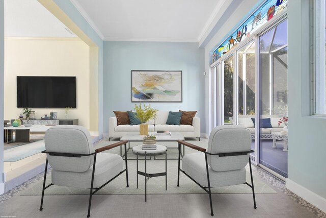 tiled living room with ornamental molding