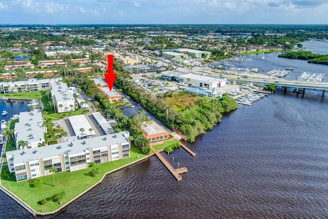 bird's eye view with a water view