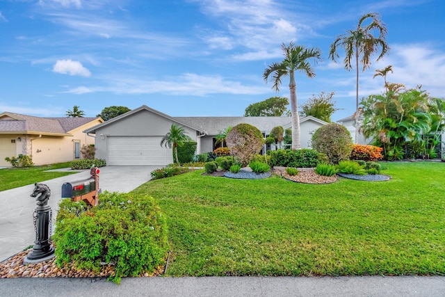 3140 NW 15th St, Delray Beach, FL 33445 - ranch-style house with stucco siding, concrete driveway, an attached garage, and a front lawn