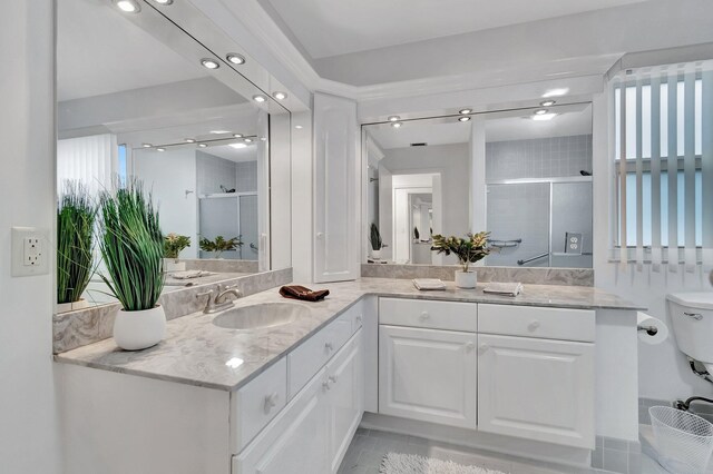 3140 NW 15th St, Delray Beach, FL 33445 - bathroom with a shower stall, vanity, tile patterned flooring, and recessed lighting