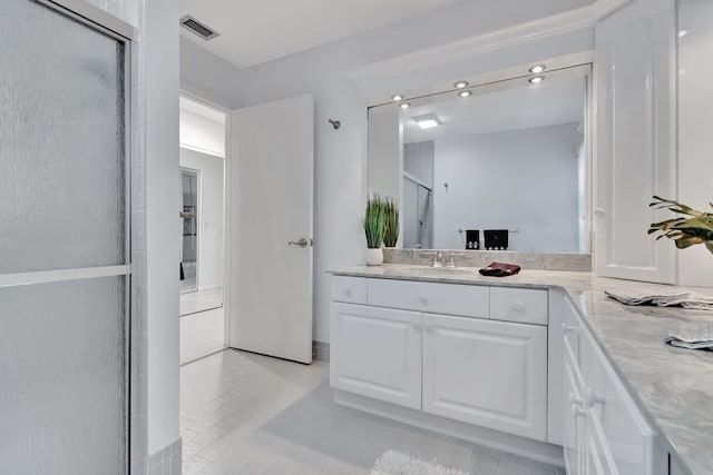 3140 NW 15th St, Delray Beach, FL 33445 - bathroom with vanity, a shower stall, recessed lighting, and tile patterned flooring