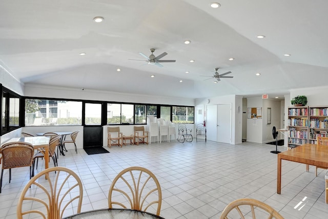 1701 Sabal Ridge Cir Unit G, Palm Beach Gardens, FL 33418 - living area with lofted ceiling, a ceiling fan, recessed lighting, and light tile patterned floors