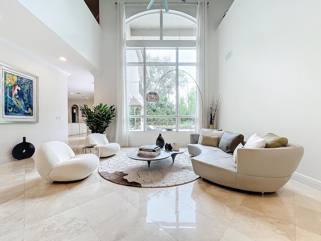 living room featuring a towering ceiling and plenty of natural light