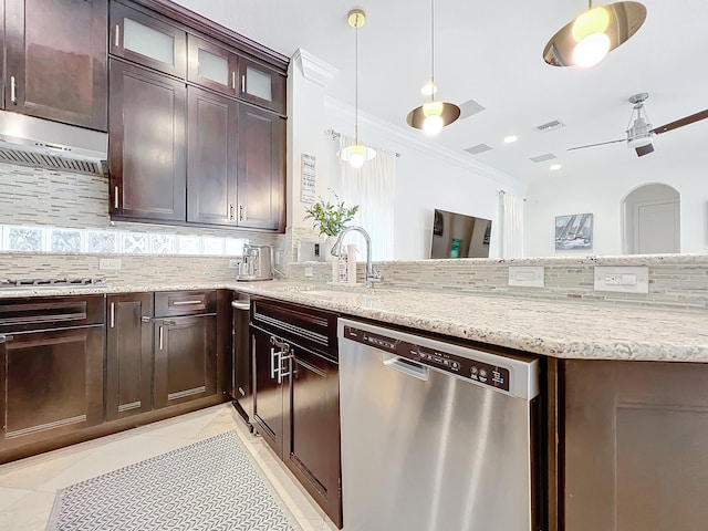 kitchen featuring stainless steel appliances, tasteful backsplash, range hood, and ornamental molding