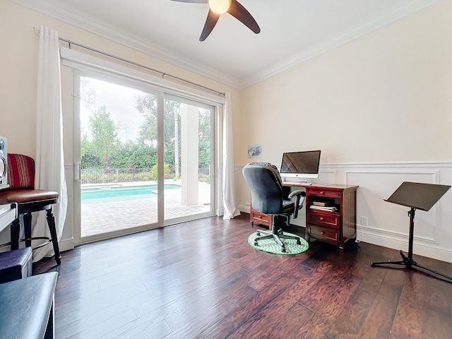 office area featuring ornamental molding, ceiling fan, and dark hardwood / wood-style floors