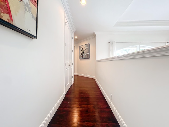 corridor with dark hardwood / wood-style floors and ornamental molding