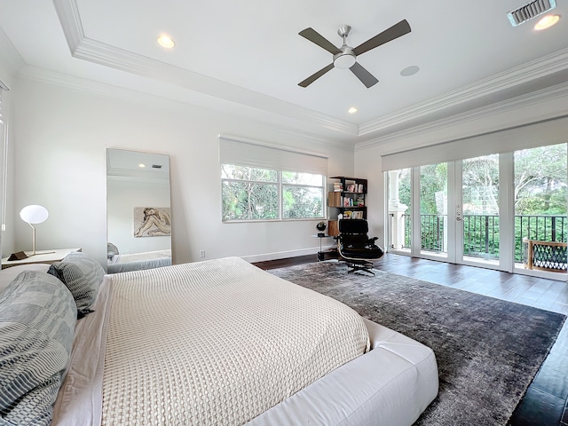 bedroom with french doors, hardwood / wood-style floors, access to outside, and ceiling fan