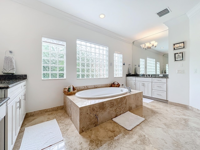 bathroom featuring vanity, a relaxing tiled tub, and ornamental molding