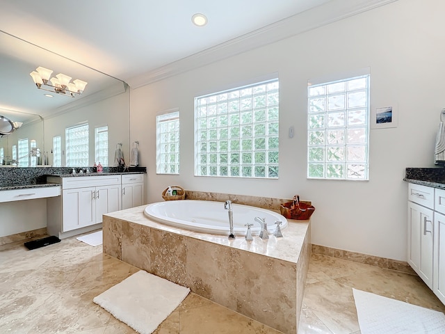 bathroom featuring a relaxing tiled tub, vanity, and ornamental molding