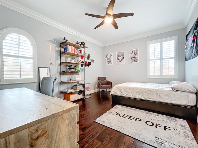 bedroom with crown molding, ceiling fan, and dark hardwood / wood-style floors