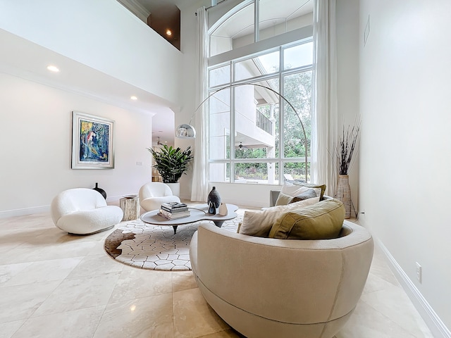 living room with a high ceiling and plenty of natural light