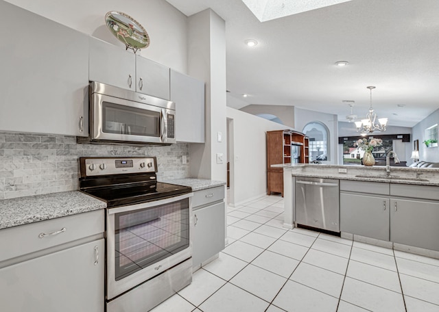 kitchen featuring sink, stainless steel appliances, backsplash, lofted ceiling with skylight, and decorative light fixtures