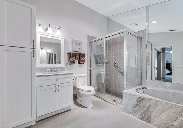 full bathroom with vanity, lofted ceiling, plus walk in shower, tile patterned flooring, and toilet