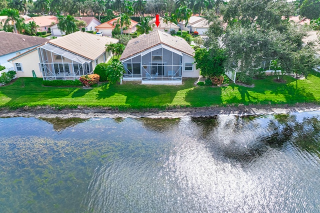 aerial view featuring a water view