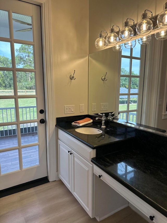 bathroom featuring hardwood / wood-style floors, plenty of natural light, and vanity