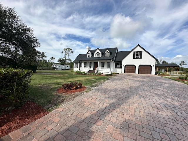 view of front of house featuring a garage, a front lawn, and covered porch