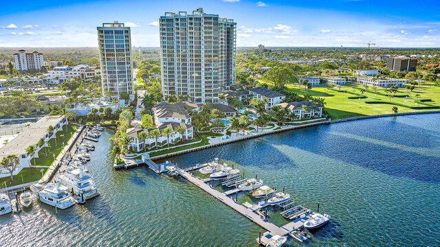 aerial view featuring a water view