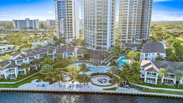 aerial view featuring a water view