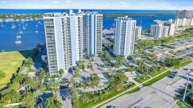 aerial view featuring a water view and a city view