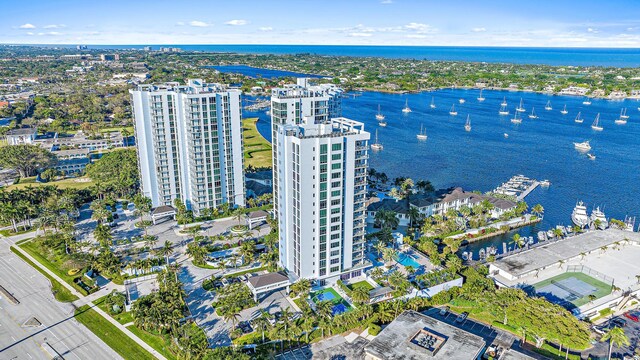 bird's eye view with a water view