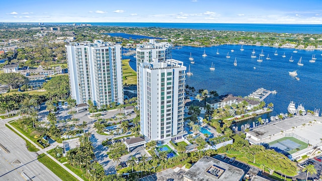 bird's eye view with a water view and a view of city