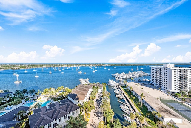 drone / aerial view featuring a water view