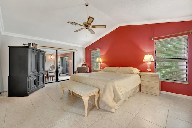 tiled bedroom featuring ornamental molding, a textured ceiling, lofted ceiling, and ceiling fan