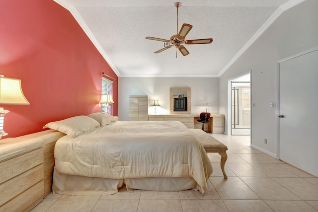 bedroom with ornamental molding, a textured ceiling, lofted ceiling, and ceiling fan