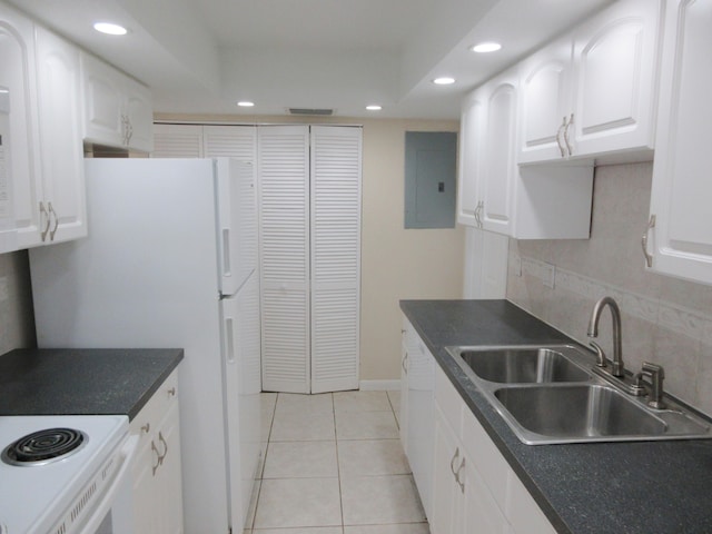 kitchen with sink, electric panel, light tile patterned floors, white cabinets, and decorative backsplash