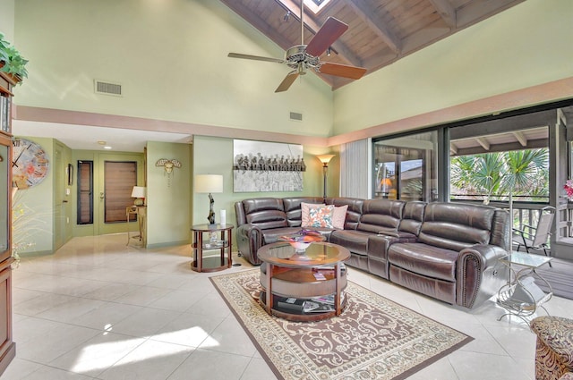 tiled living room with high vaulted ceiling, ceiling fan, a skylight, and wood ceiling