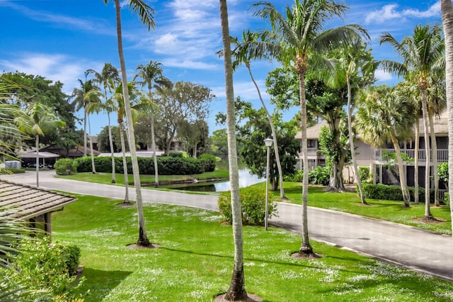 view of home's community with a water view and a lawn