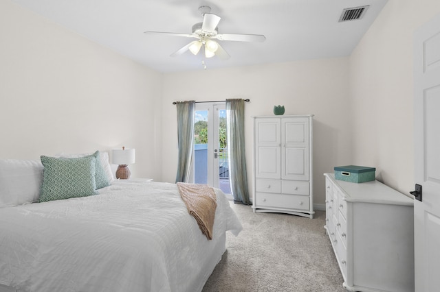 carpeted bedroom with access to exterior and ceiling fan