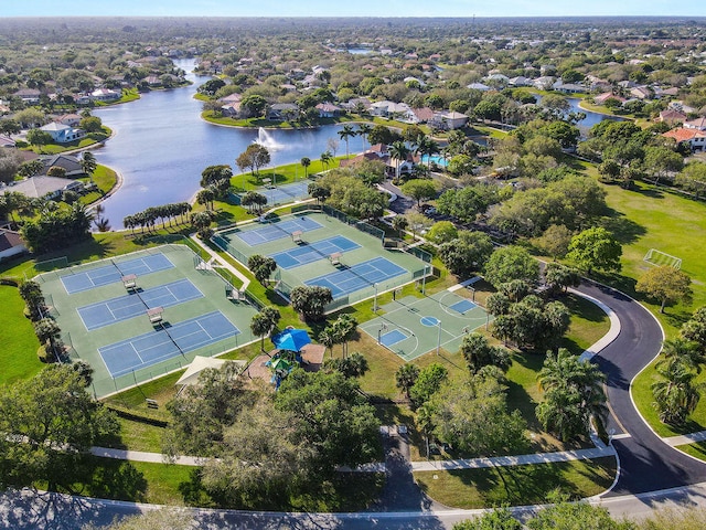 drone / aerial view with a water view