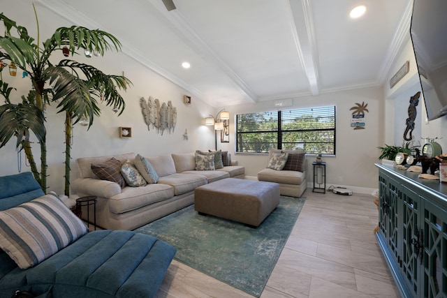 living room with beamed ceiling and crown molding