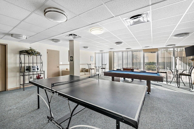 rec room with pool table, a drop ceiling, floor to ceiling windows, and carpet floors