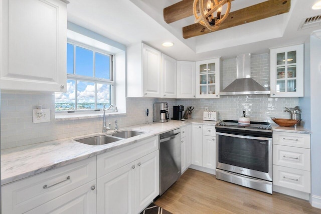 kitchen with stainless steel appliances, wall chimney exhaust hood, white cabinets, and tasteful backsplash