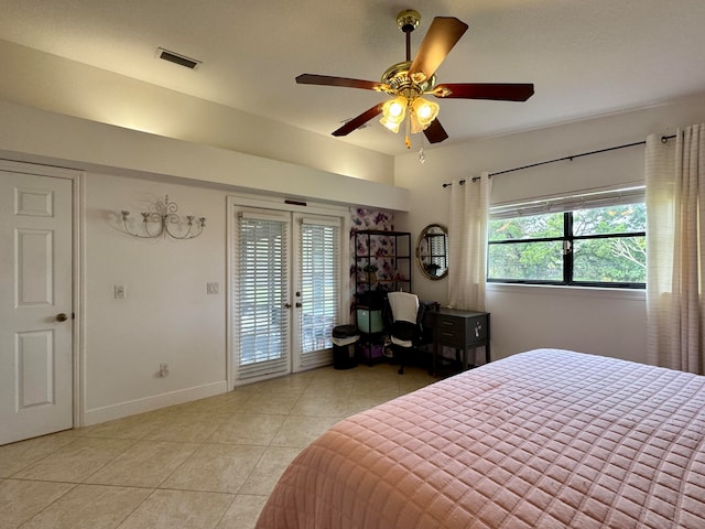 bedroom featuring ceiling fan, light tile patterned flooring, access to exterior, and french doors