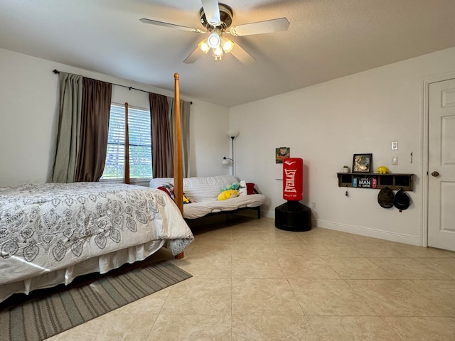 tiled bedroom with ceiling fan