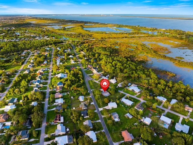 drone / aerial view featuring a water view