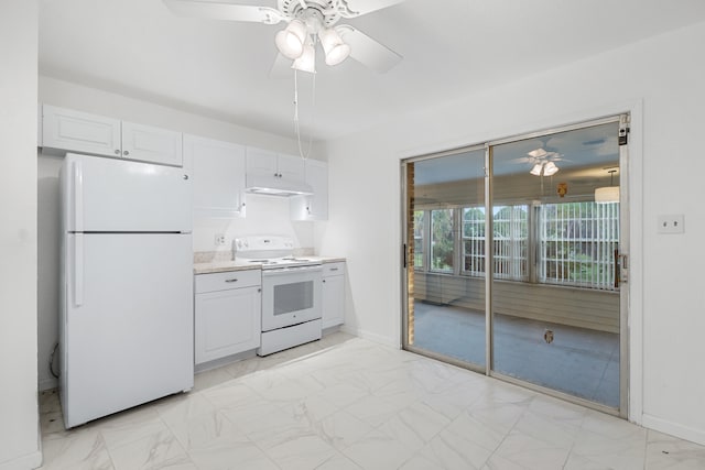 kitchen featuring white appliances, ceiling fan, and white cabinets