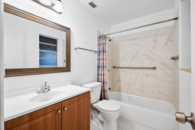 full bathroom featuring toilet, vanity, and shower / bath combination with curtain