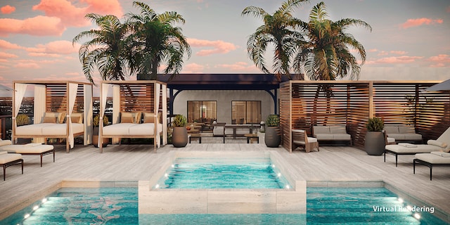 back house at dusk with a pool with hot tub and an outdoor hangout area