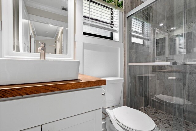 bathroom with vanity, toilet, a shower with door, and ornamental molding