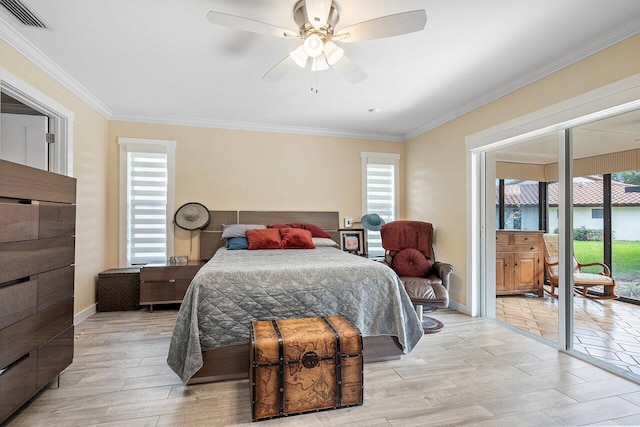 bedroom with ceiling fan, access to exterior, ornamental molding, and multiple windows