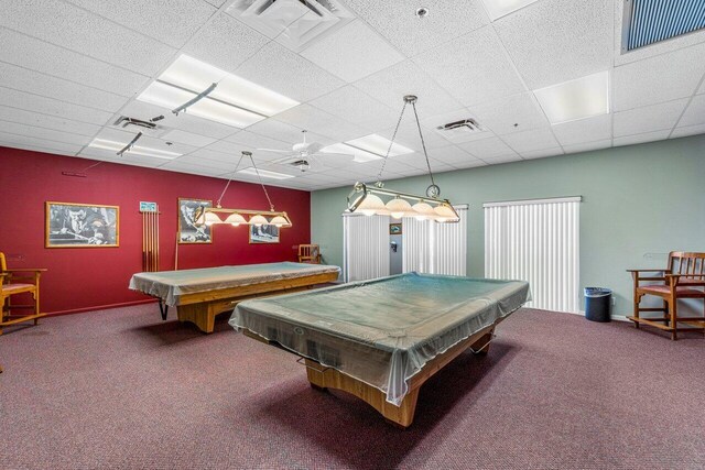 recreation room with carpet flooring, a paneled ceiling, and pool table