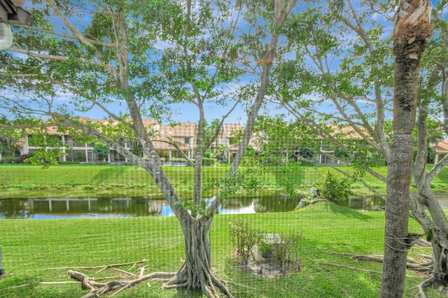 view of property's community with a water view and a lawn