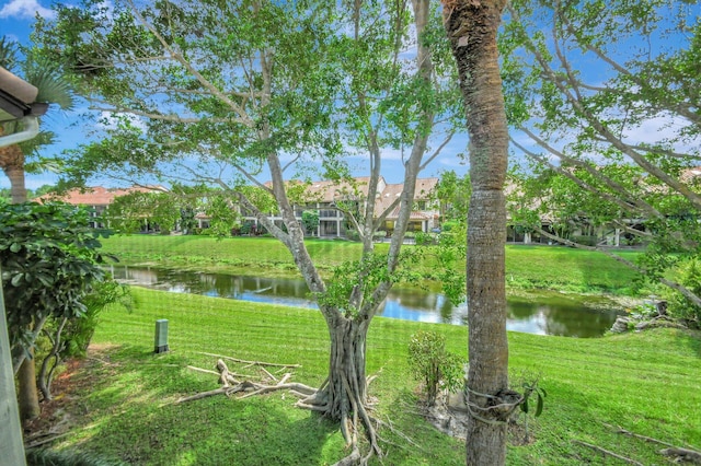 surrounding community featuring a water view and a yard