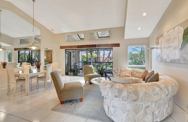 tiled living room featuring high vaulted ceiling